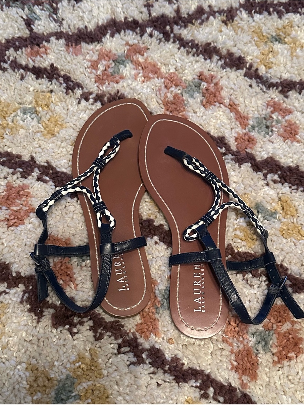 Lauren Ralph Lauren Brown Footbed Sandals with Black Braided Straps